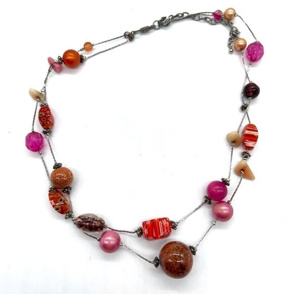 Double SilverTone Chain mixed semi precious stones - Picture 1 of 2